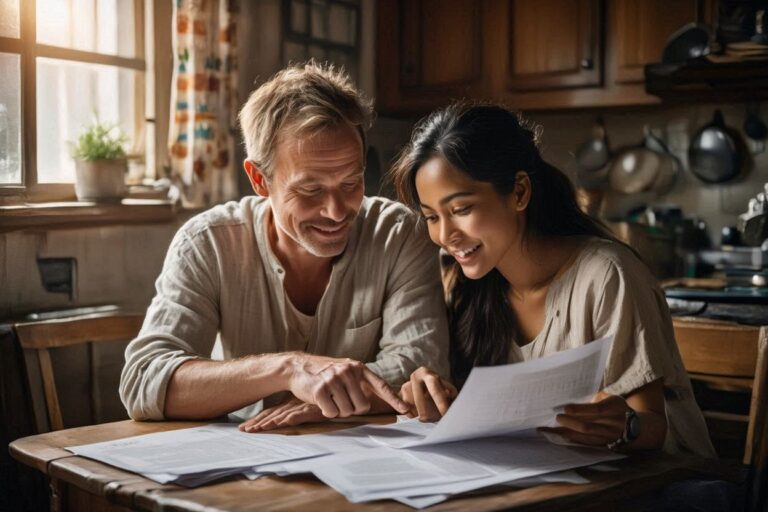 Western man and Filipina woman reviewing visa documents at home in the Philippines
