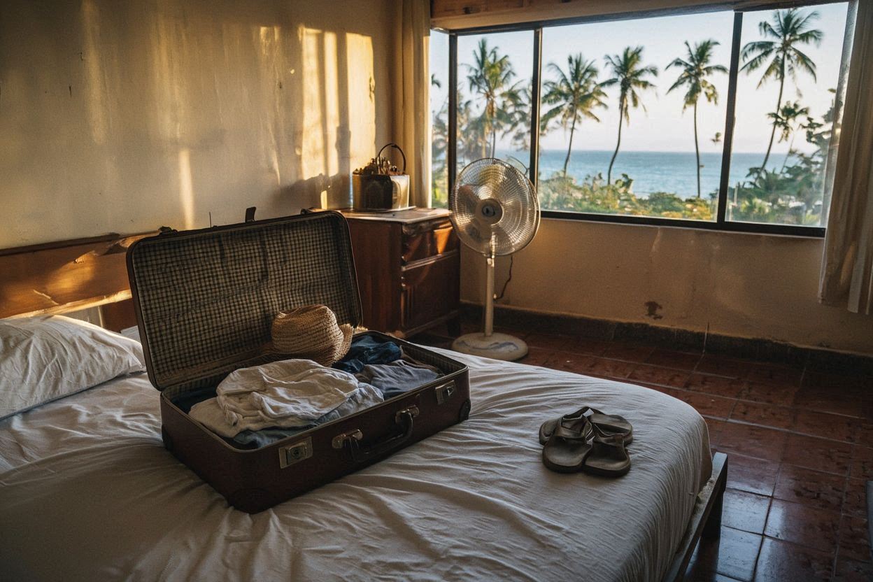 Packed suitcase in a Philippine apartment with tropical view outside the window