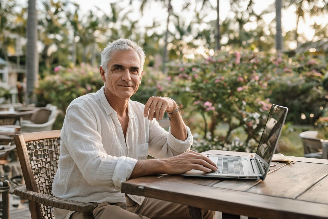 Expat retiree working on laptop at outdoor café in the Philippines